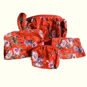 4 Pc. Set of Travel Make-Up Bags, Red Floral Quilted Material, Zipper Closures